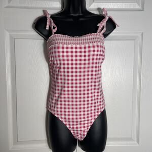 Draper James x Lands End Swimsuit‎ Women 6 Pink Gingham One Piece Smocked Bows